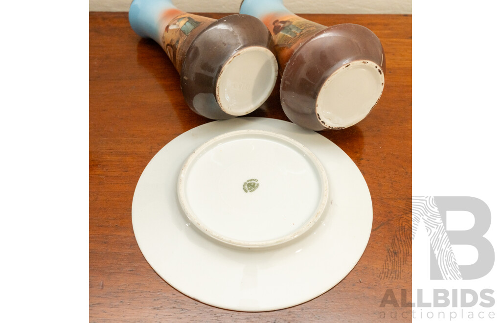 Pair of Vintage Vases with 'The Gleaners' Motif Along with a Matching Plate