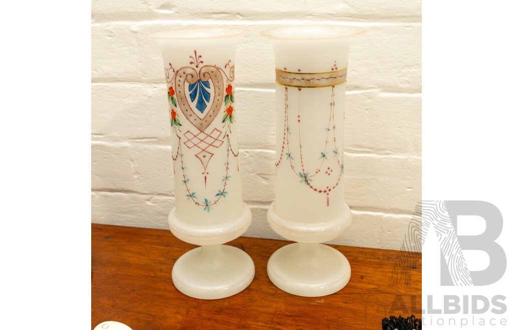 Pair of Antique Hand Painted Milk Glass Vases