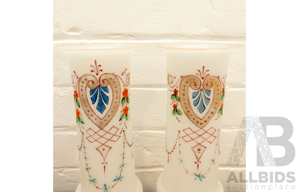 Pair of Antique Hand Painted Milk Glass Vases
