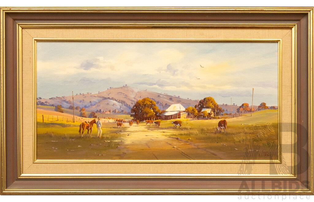 William John (Bill) O'Shea (20th Century, Australian, 1934-), Old Homestead with Animals, Wonderful Vintage Oil on Board, 77 x 46 cm