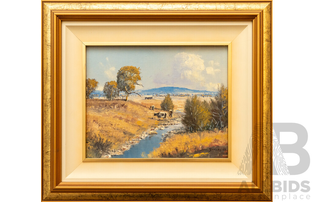 John Shields, (20th Century, Australian), Cows Grazing by Stream, Lovely Original Oil on Canvas, 39 x 34 cm