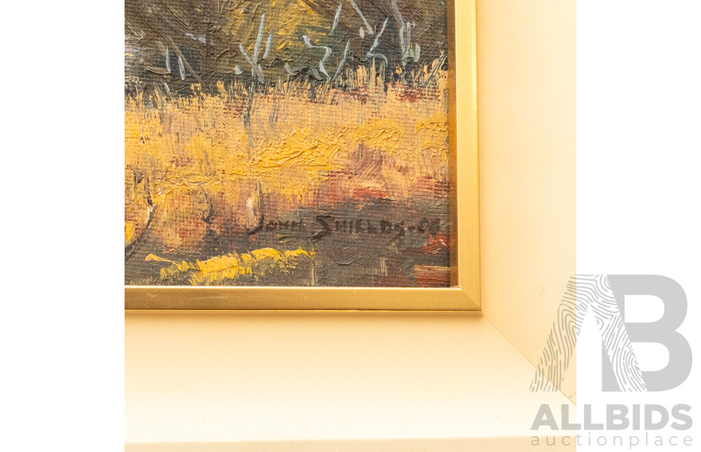 John Shields, (20th Century, Australian), Cows Grazing by Stream, Lovely Original Oil on Canvas, 39 x 34 cm