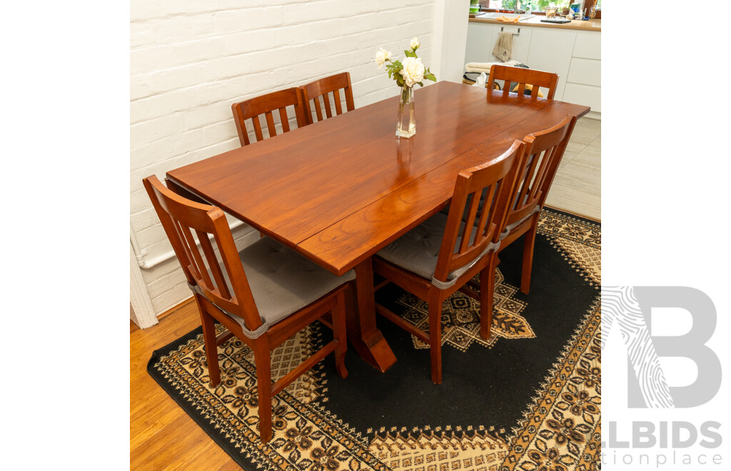 Modern Cedar Twin Pedestal Dining Table with Six Splat Back Chairs