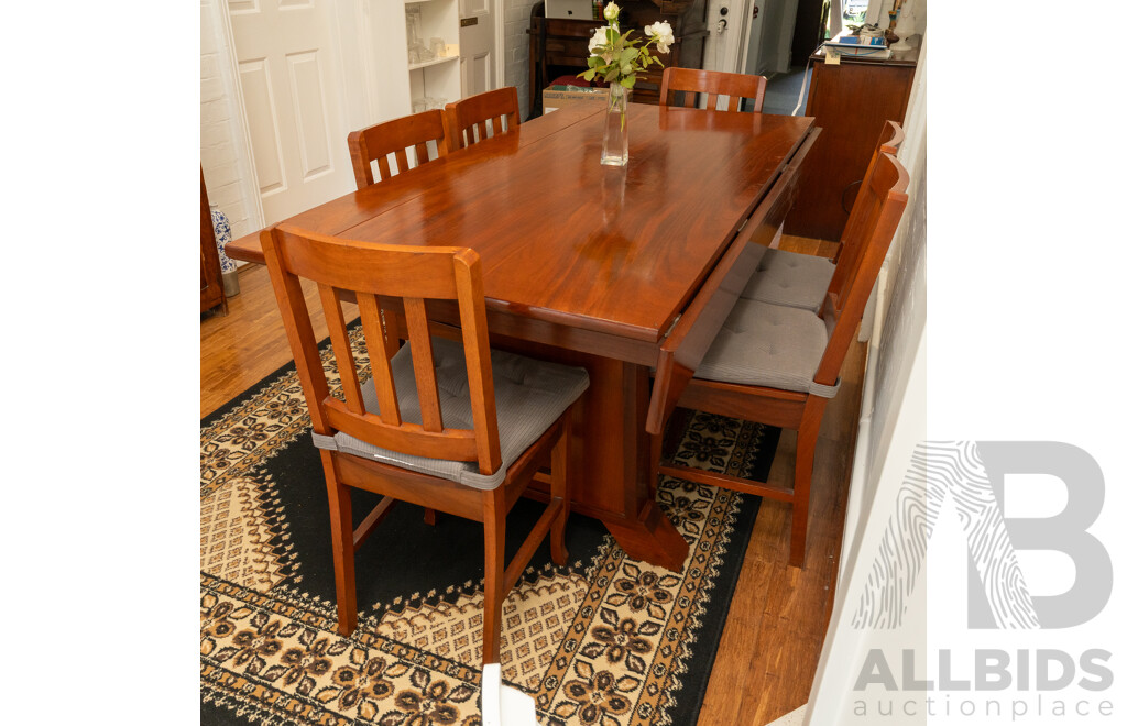 Modern Cedar Twin Pedestal Dining Table with Six Splat Back Chairs