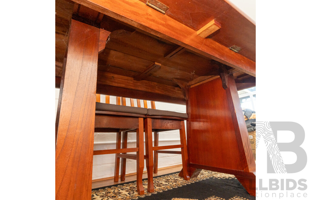 Modern Cedar Twin Pedestal Dining Table with Six Splat Back Chairs