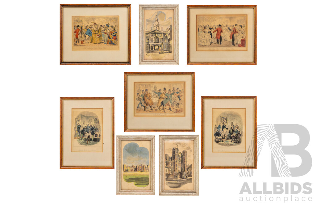 Collection of Eight Antique Hand-Coloured Engravings by John Leech & Barnett Freedman (Framed)