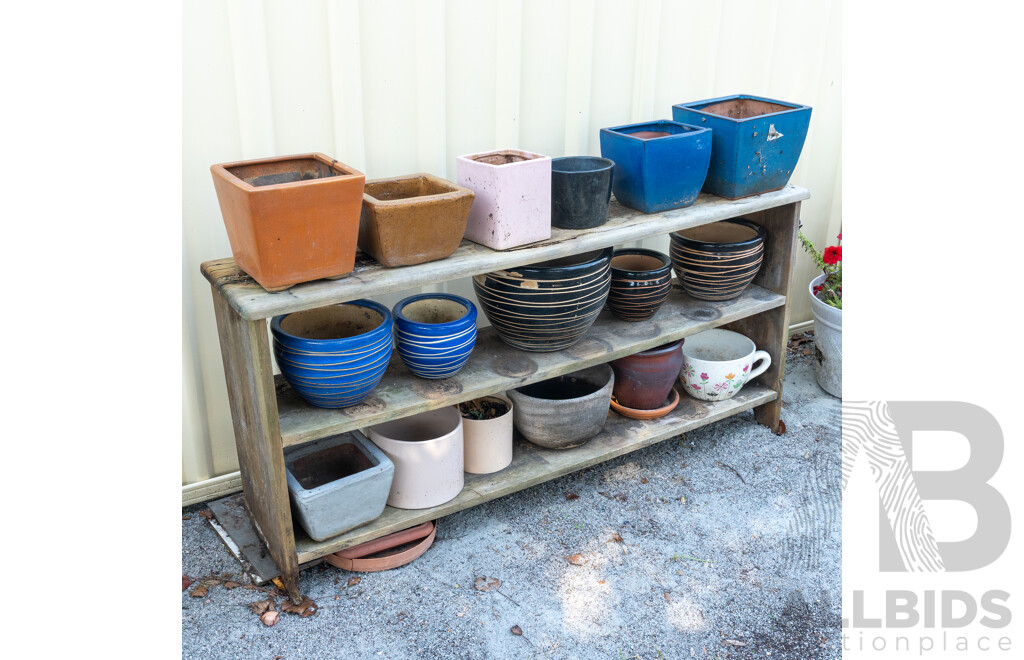 Large Collection of Various Planters on Timber Open Shelf