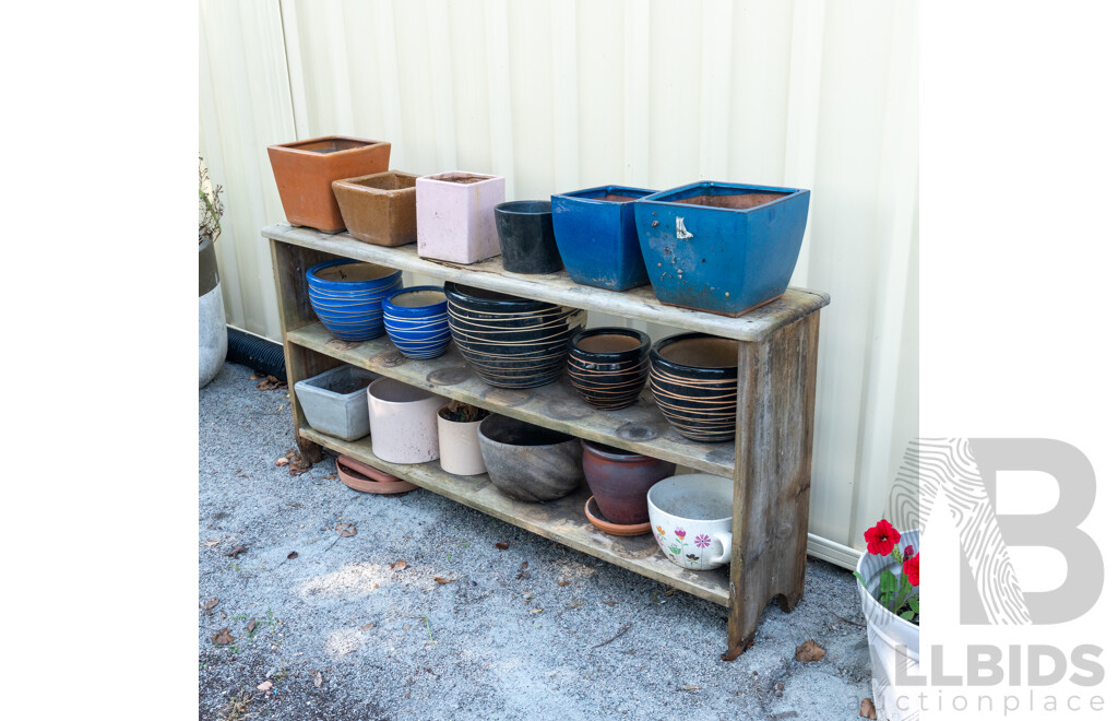 Large Collection of Various Planters on Timber Open Shelf