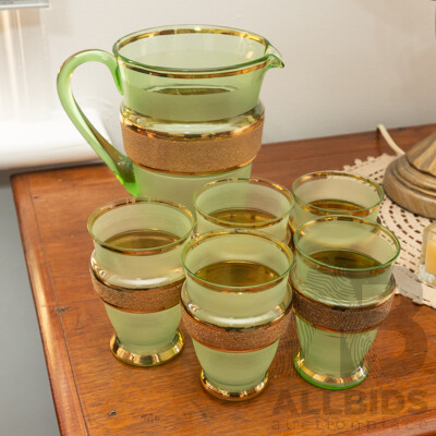Vintage Green Glass Six Piece Drink Suite