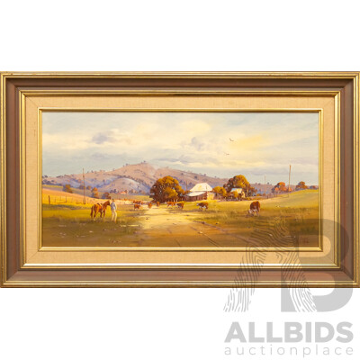 William John (Bill) O'Shea (20th Century, Australian, 1934-), Old Homestead with Animals, Wonderful Vintage Oil on Board, 77 x 46 cm