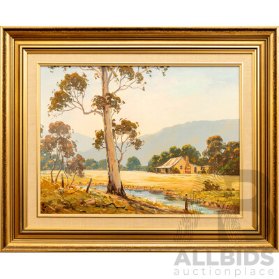 Betty Koster, (20th Century, Australian), Country Cottage by Stream, Lovely Vintage Oil on Canvas, 80 x 65 cm