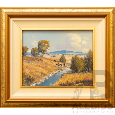 John Shields, (20th Century, Australian), Cows Grazing by Stream, Lovely Original Oil on Canvas, 39 x 34 cm