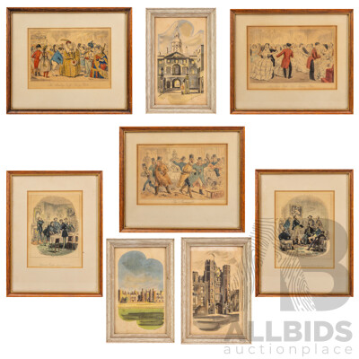 Collection of Eight Antique Hand-Coloured Engravings by John Leech & Barnett Freedman (Framed)