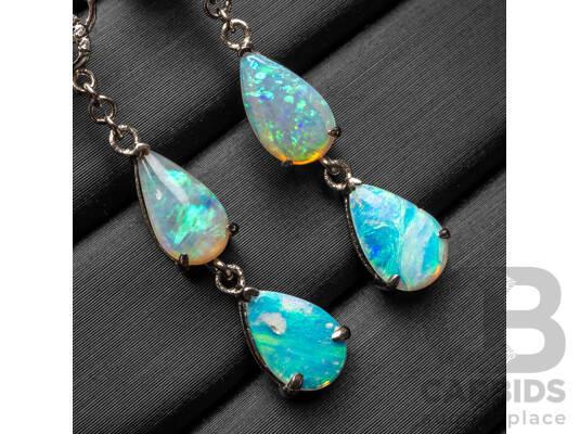 1662688 · 925 Sterling Silver 4 Leaf Clover Drop Earrings with Lightning Ridge Opals & Cubic Zirconias