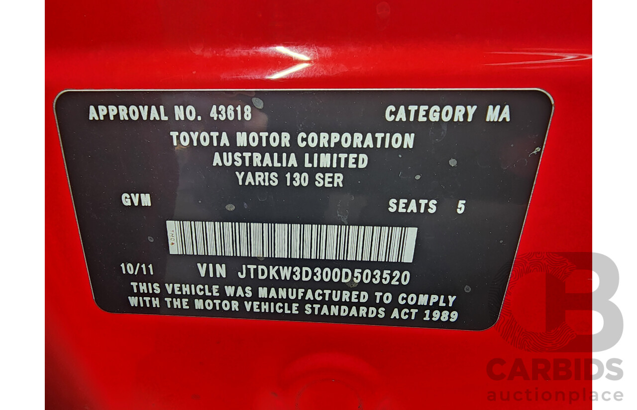 10/2011 Toyota Yaris YR NCP130R 5d Hatchback Red 1.3L