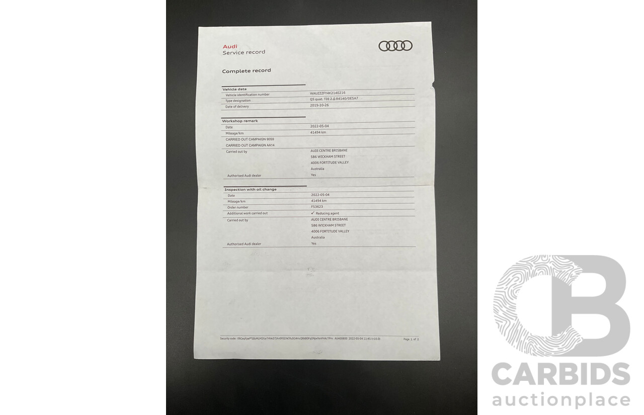 10/2019 Audi Q5 40 TDI Quattro Sport (AWD) FY MY19 4d Wagon Monsoon Grey Metallic Turbo Diesel 2.0L