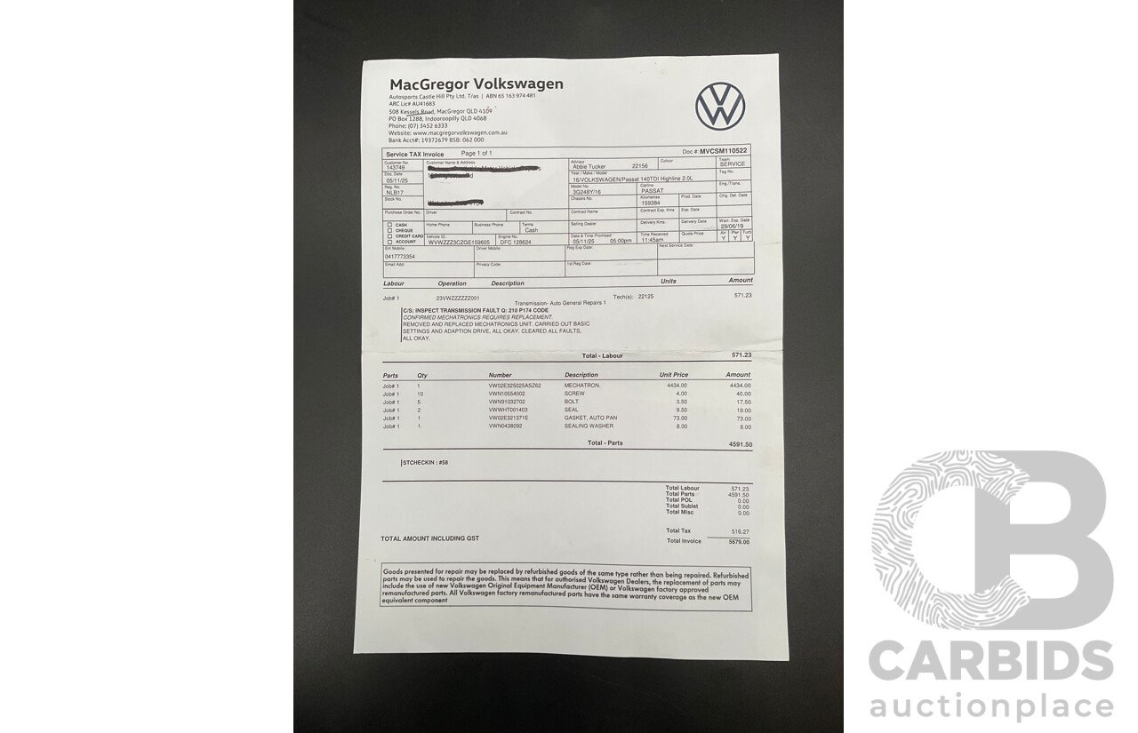 06/2016 Volkswagen Passat 140 TDI Highline (FWD) 3C MY16 4d Sedan Pure White Turbo Diesel 2.0L