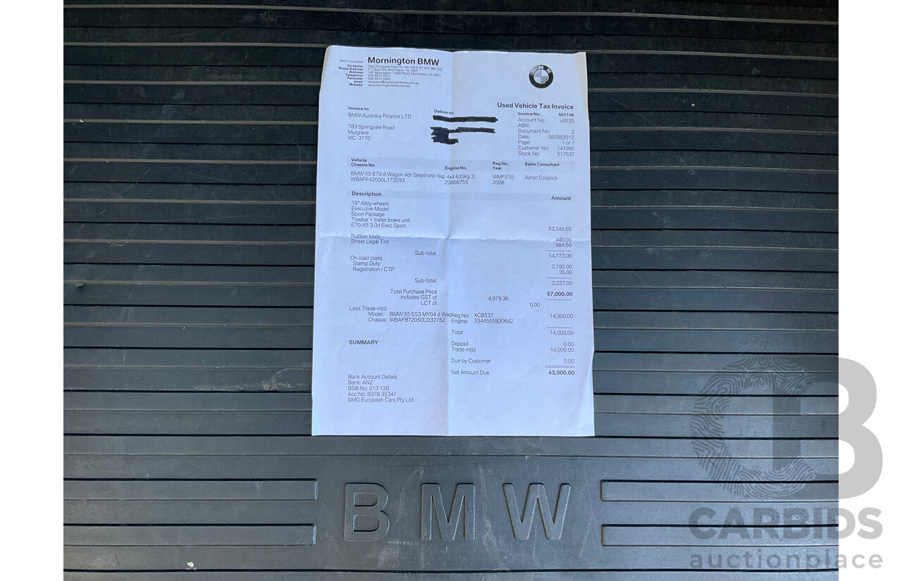 4/2008 Bmw X5 3.0d E70 (AWD) 4d Wagon Gold Turbo Diesel 3.0L