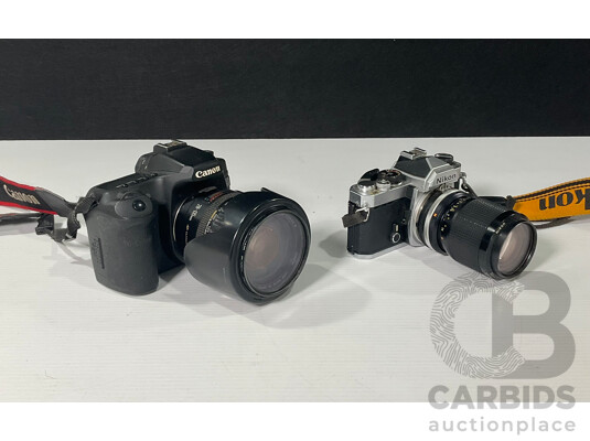 Pair of Cameras and Accessories Including Canon EOS 50D and Nikon FM
