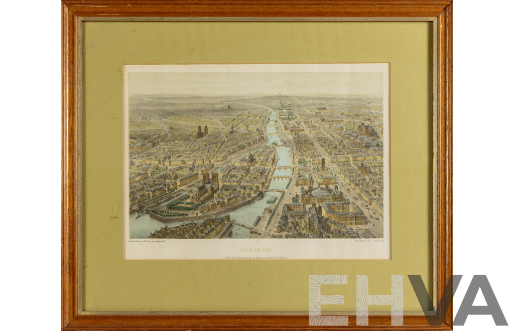 Paris en 1860 - Vue a Vol D'oiseau Prise Au Dessus Du Quartier De St. Gervais [Paris in 1860 - Bird's-eye View Taken Above the St. Gervais District], Antique Hand Coloured Lithographic Print, 47 x 55 cm (frame)