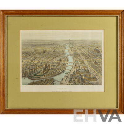 Paris en 1860 - Vue a Vol D'oiseau Prise Au Dessus Du Quartier De St. Gervais [Paris in 1860 - Bird's-eye View Taken Above the St. Gervais District], Antique Hand Coloured Lithographic Print, 47 x 55 cm (frame)