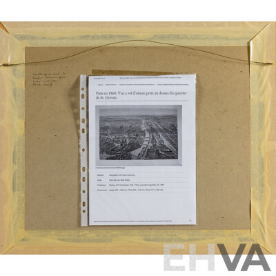 Paris en 1860 - Vue a Vol D'oiseau Prise Au Dessus Du Quartier De St. Gervais [Paris in 1860 - Bird's-eye View Taken Above the St. Gervais District], Antique Hand Coloured Lithographic Print, 47 x 55 cm (frame)