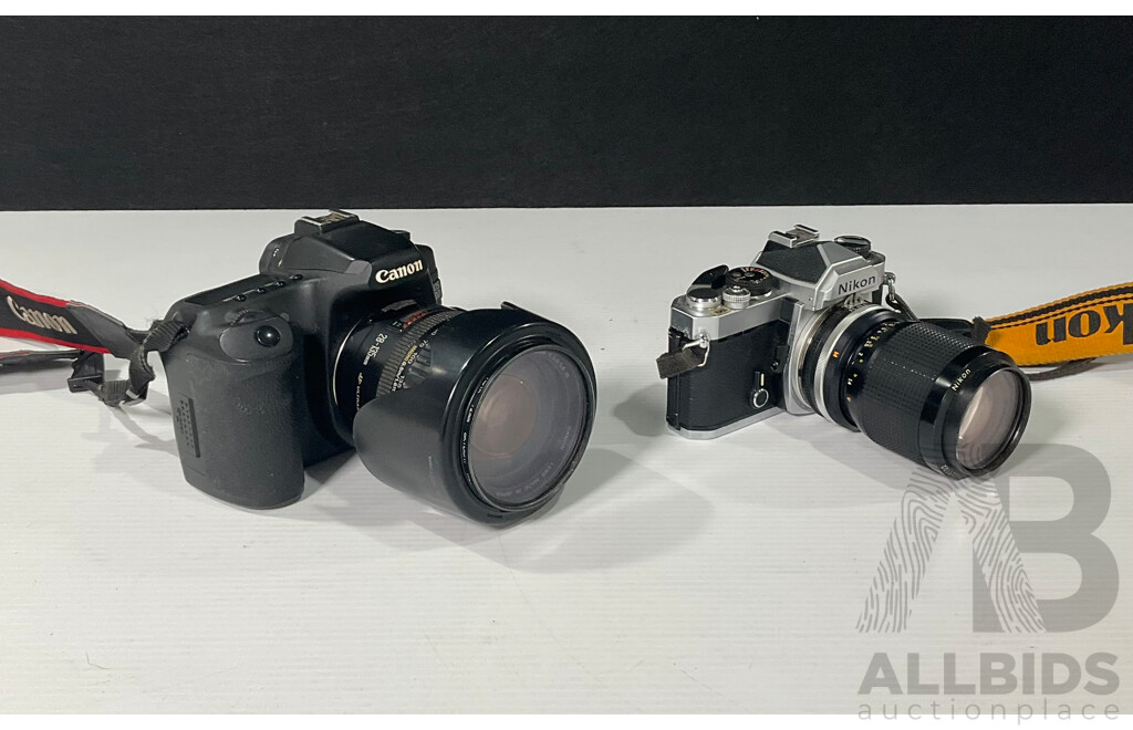 Pair of Cameras and Accessories Including Canon EOS 50D and Nikon FM