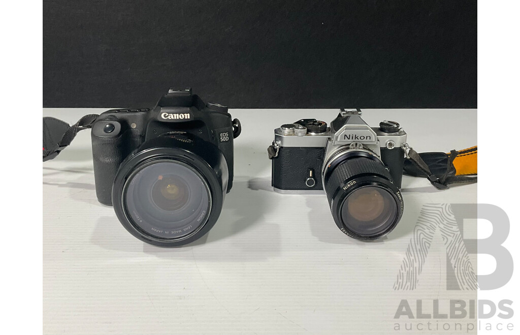 Pair of Cameras and Accessories Including Canon EOS 50D and Nikon FM