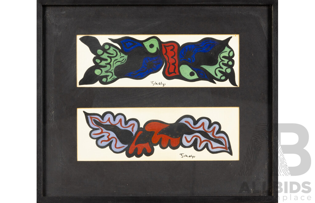 Tjikalyi (20th Century, Indigenous-Australian), Leaf Designs, Pair of Vintage Original Hand Painted Greeting Cards, 38 x 45 cm (frame)