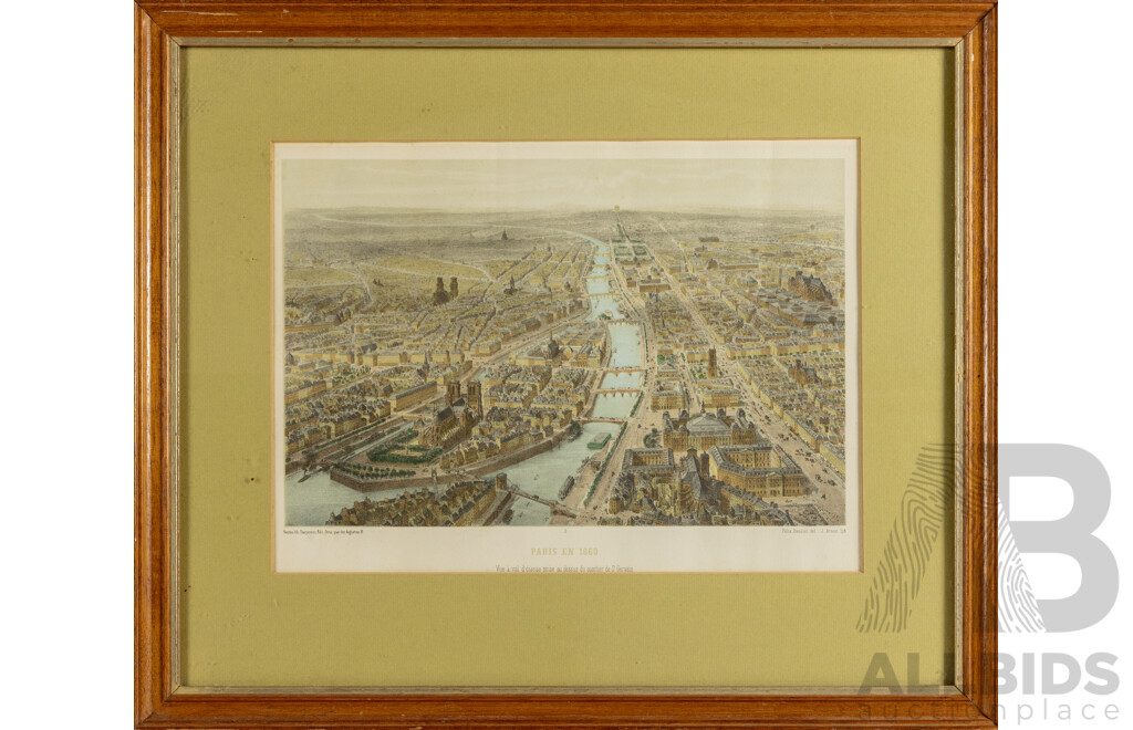 Paris en 1860 - Vue a Vol D'oiseau Prise Au Dessus Du Quartier De St. Gervais [Paris in 1860 - Bird's-eye View Taken Above the St. Gervais District], Antique Hand Coloured Lithographic Print, 47 x 55 cm (frame)