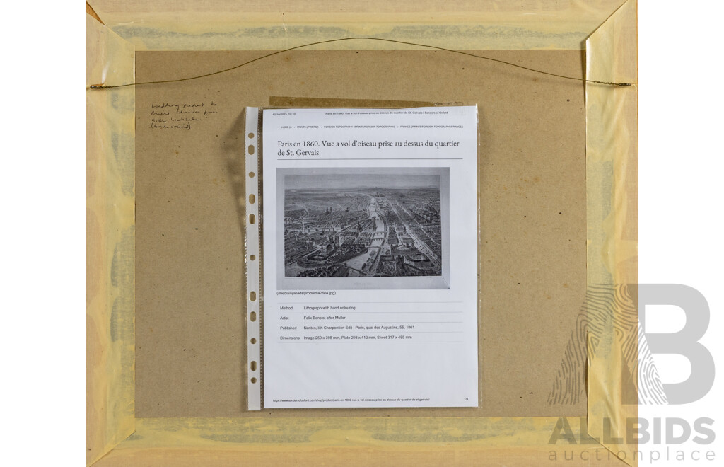 Paris en 1860 - Vue a Vol D'oiseau Prise Au Dessus Du Quartier De St. Gervais [Paris in 1860 - Bird's-eye View Taken Above the St. Gervais District], Antique Hand Coloured Lithographic Print, 47 x 55 cm (frame)