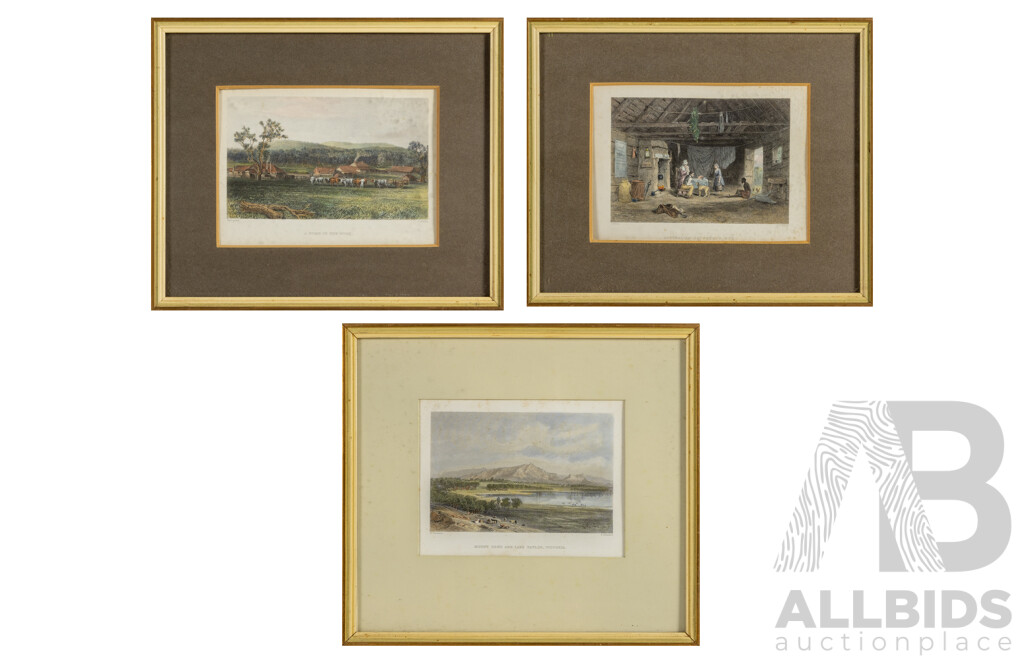 Colonial Australia, Collection of Three Antique Coloured Steel Engravings (c1890-1910s), 32 X 35 Cm (Frame Largest) (3)