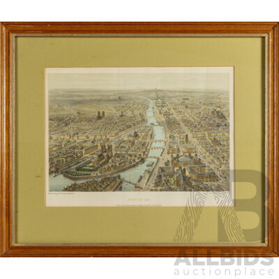 Paris en 1860 - Vue a Vol D'oiseau Prise Au Dessus Du Quartier De St. Gervais [Paris in 1860 - Bird's-eye View Taken Above the St. Gervais District], Antique Hand Coloured Lithographic Print, 47 x 55 cm (frame)
