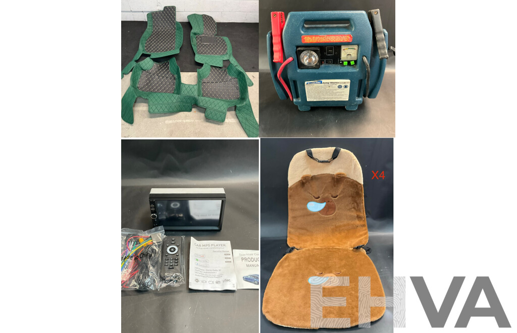 Performer 900Amp Jump Starter, Universal Front Car Seat Cover, Luxury Car Floor Mat (Model Not Specified), Car MP5 Player with Rear View Camera