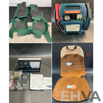 Performer 900Amp Jump Starter, Universal Front Car Seat Cover, Luxury Car Floor Mat (Model Not Specified), Car MP5 Player with Rear View Camera