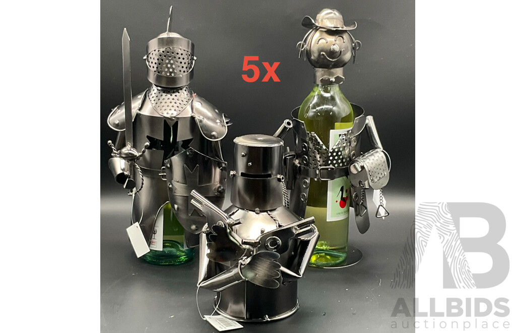Metal ''Nuts and Bolts'' Knight (x1), Cowboy Bottle Holder (x2) and Ned Kelly Money Bank Sculptures (x2) - Lot of 5