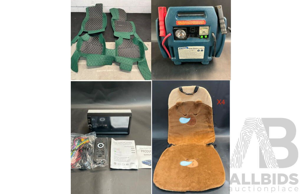 Performer 900Amp Jump Starter, Universal Front Car Seat Cover, Luxury Car Floor Mat (Model Not Specified), Car MP5 Player with Rear View Camera