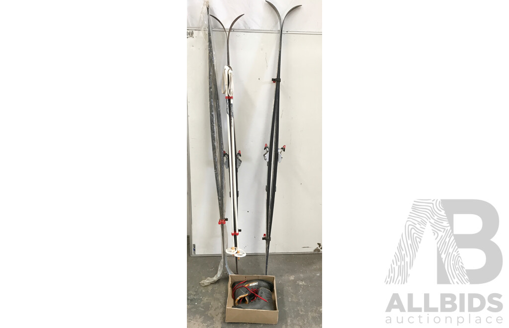 Assorted Jarvinen Skis and Dinsport XL Eskimo Ski Boots