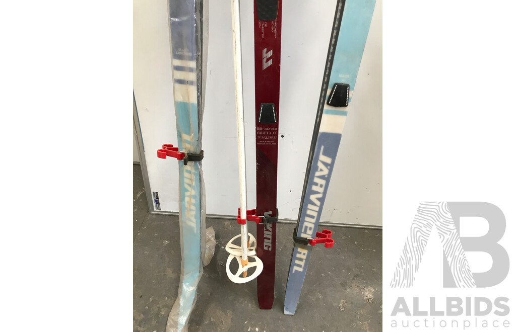 Assorted Jarvinen Skis and Dinsport XL Eskimo Ski Boots