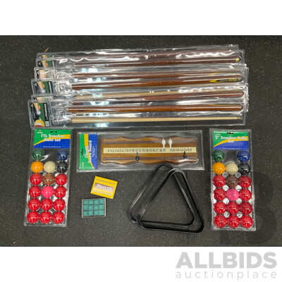 Assorted Billiard Equipment, Including EYECUE Standard Cue (x6) and More  - Lot of 13