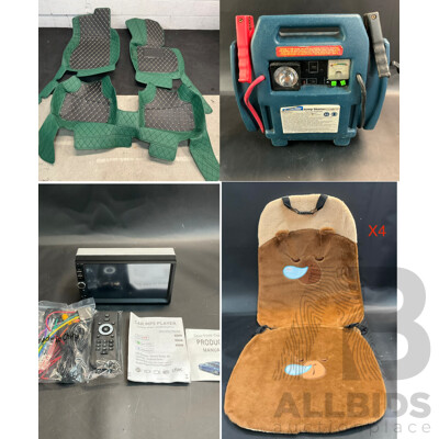 Performer 900Amp Jump Starter, Universal Front Car Seat Cover, Luxury Car Floor Mat (Model Not Specified), Car MP5 Player with Rear View Camera