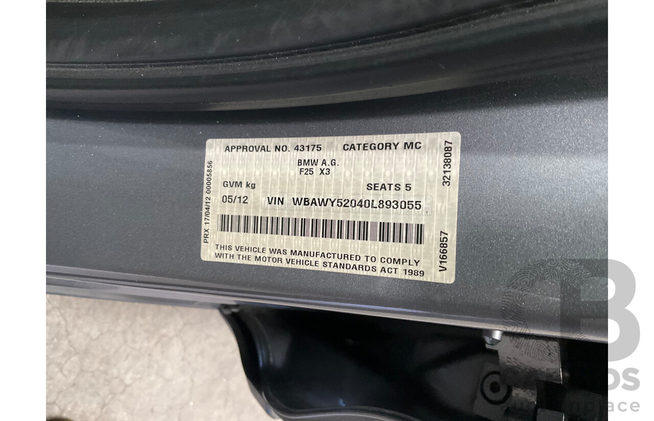 5/2012 BMW X3 xDrive30d F25 4d Wagon Space Grey Metallic Turbo Diesel 3.0L