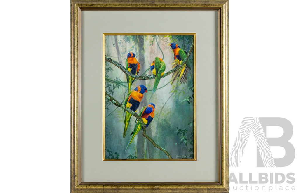 James Luck, (20th Century, Australian, c1960s-), Rainbow Lorikeets (1994), Lovely Original Watercolour, 57 x 47 cm (frame)