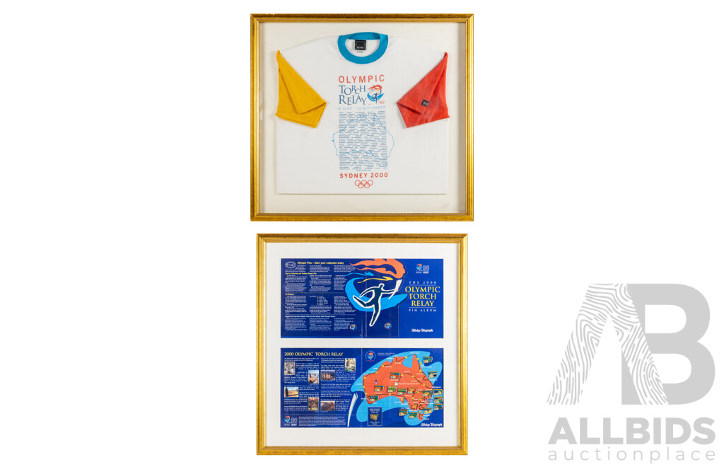 Framed Sydney 2000 Olympic Torch Pin Collection and Relay Shirt