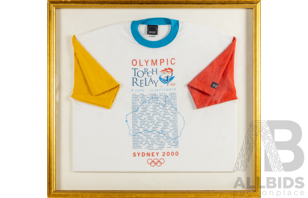 Framed Sydney 2000 Olympic Torch Pin Collection and Relay Shirt