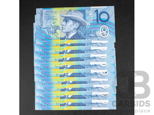 Ten Australian 1993 UNC Ten Dollar Notes, Fraser/Evans, R316a, Consecutive AG 93210815 - AG 93210824