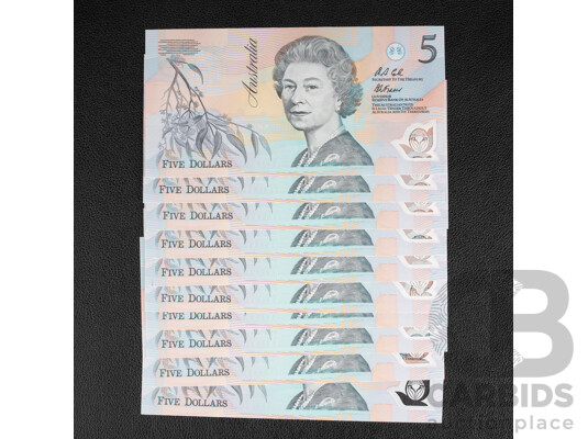Ten Australian 1992 UNC Five Dollar Notes, Fraser/Cole, R214, Consecutive AA 51603364 - AA 51603373