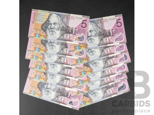 Twelve Australian 2001 UNC Five Dollar Notes, MacFarlane/Evans, Semi Consecutive EI 01850742 - EI 01850757 (Lacking 745, 746, 747, 755)