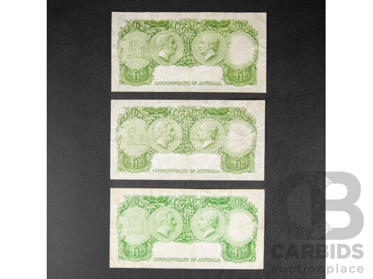 Three Australian 1961 One Pound Notes, R34 Coombs/Wilson