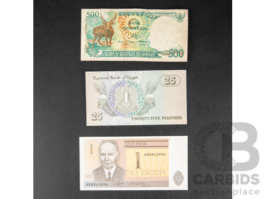 Collection of International Banknotes Including Ukraine, Lithuania, Cambodia, Bangladesh, Nicaragua, Lebanon, Sudan, Poland, Indonesia, Egypt